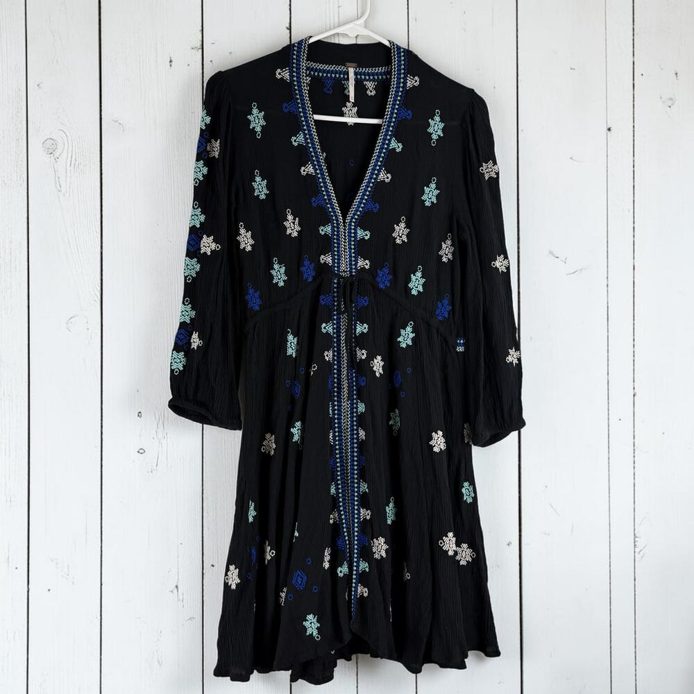 Free People Embroidered Mini Dress XS Black Blue Tie Front Boho Rayon
